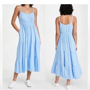 Xirena Ali tiered midi dress, blue gauzy cotton, adjustable straps, sleeveless L